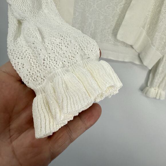 Calvin Klein Small White Lace Cropped Cardigan Sheer Ruffle Cuff Soft Romantic - Picture 4 of 9